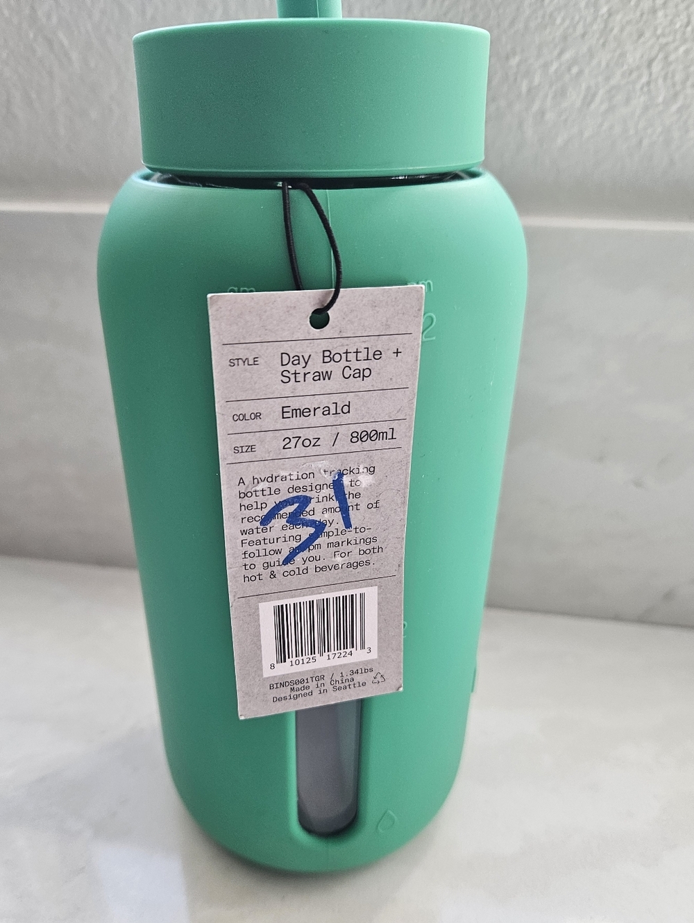 Bink Teal Glass Water Bottle with Straw - Picture 3 of 6